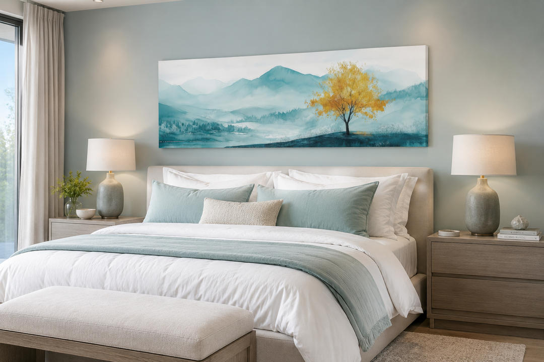 Yellow tree on teal mountain landscape, long horizontal wall art above a bed in a modern bedroom.