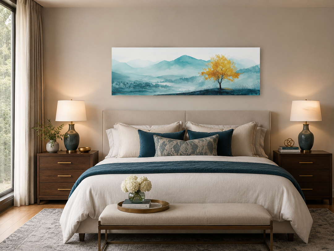 Yellow tree on teal mountain landscape long horizontal wall art above a bed in a modern bedroom.