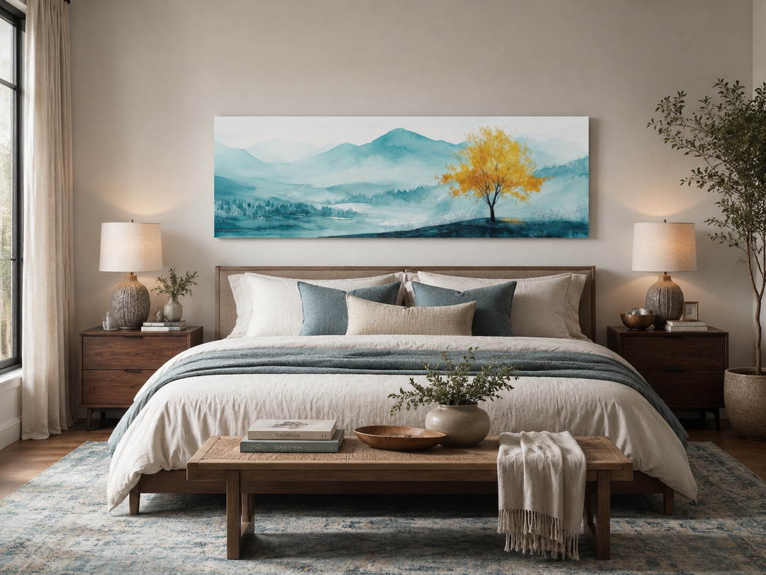 Yellow tree on teal mountain landscape long horizontal canvas art above a bed in a modern bedroom.