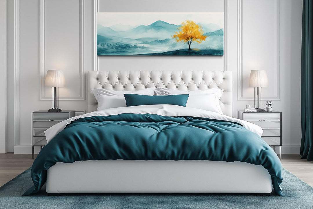 Yellow Tree On Teal Landscape Long Horizontal Above Bed Wall Art