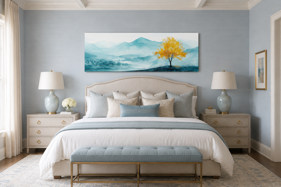 Yellow tree on teal mountain landscape long horizontal wall art above a bed.