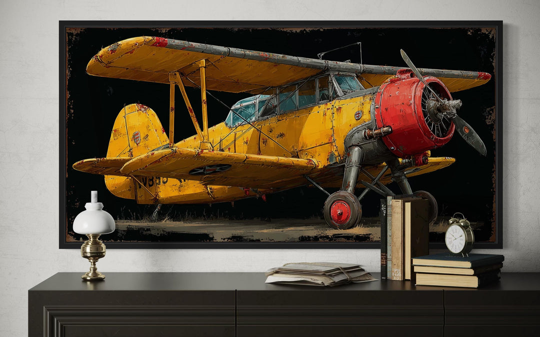 Yellow Vintage Airplane Framed Canvas Wall Art