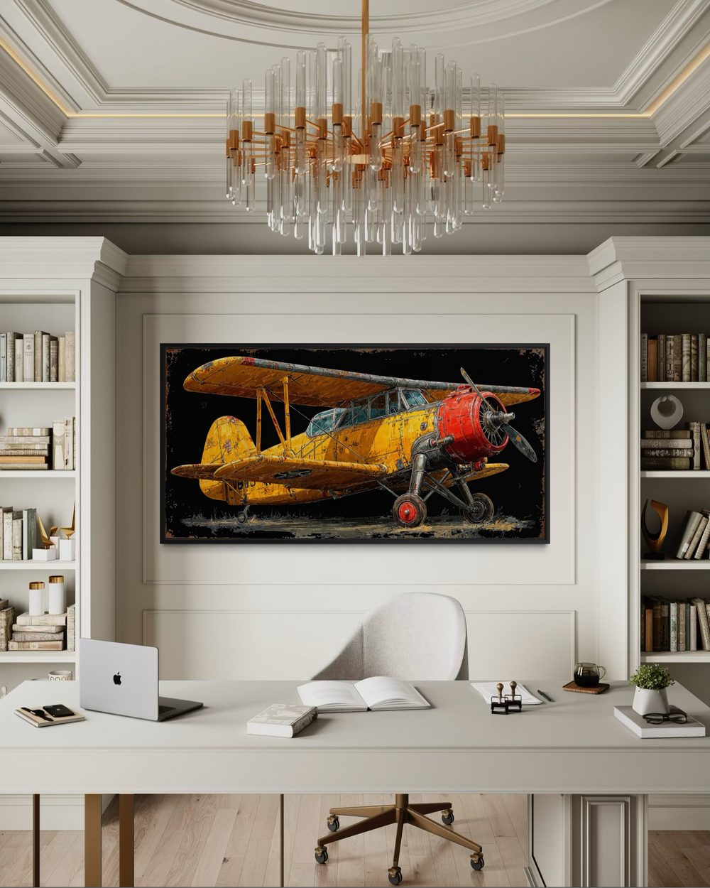 Yellow vintage biplane framed canvas wall art displayed in a modern home office.