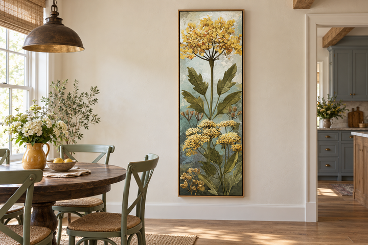 Tall narrow vertical canvas wall art featuring yellow wildflowers in a rustic dining room.