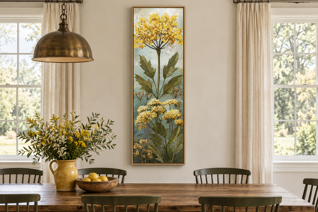 Tall narrow vertical canvas wall art featuring yellow wildflowers in a wooden frame.