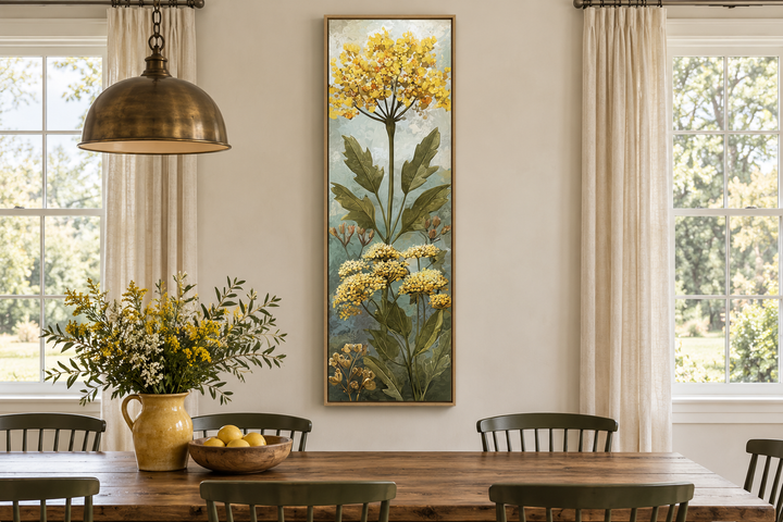 Tall narrow vertical canvas wall art featuring yellow wildflowers in a wooden frame.