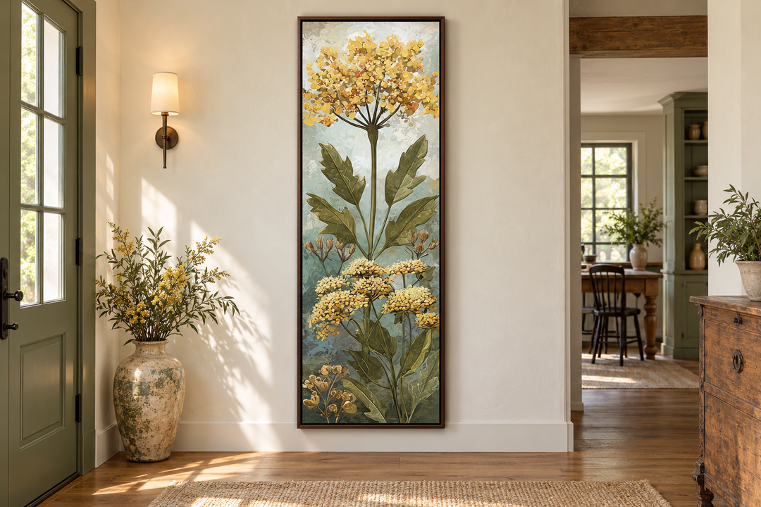 Tall narrow vertical canvas wall art featuring yellow wildflowers in a rustic entryway setting.