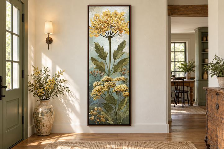 Tall narrow vertical canvas wall art featuring yellow wildflowers in a rustic entryway setting.