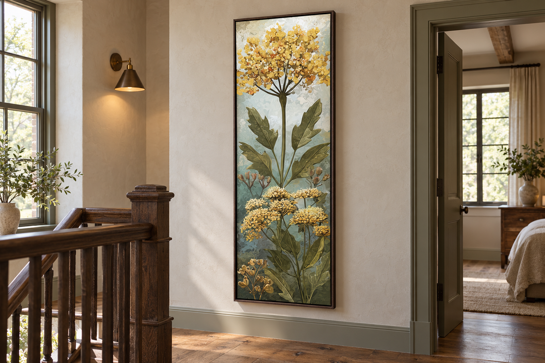 Tall narrow vertical canvas wall art featuring yellow wildflowers in a dark wood frame on a wall.