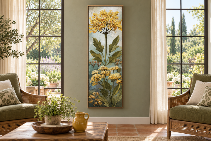 Tall narrow vertical canvas wall art featuring yellow wildflowers in a green sunroom setting.