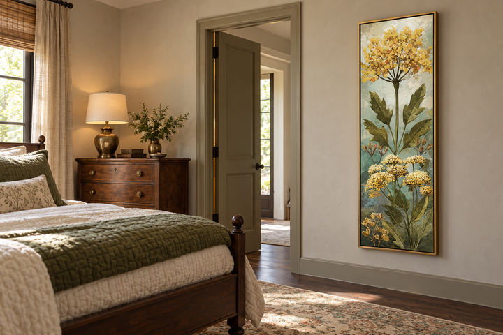 Tall narrow vertical canvas wall art featuring yellow wildflowers in a gold frame in a bedroom.