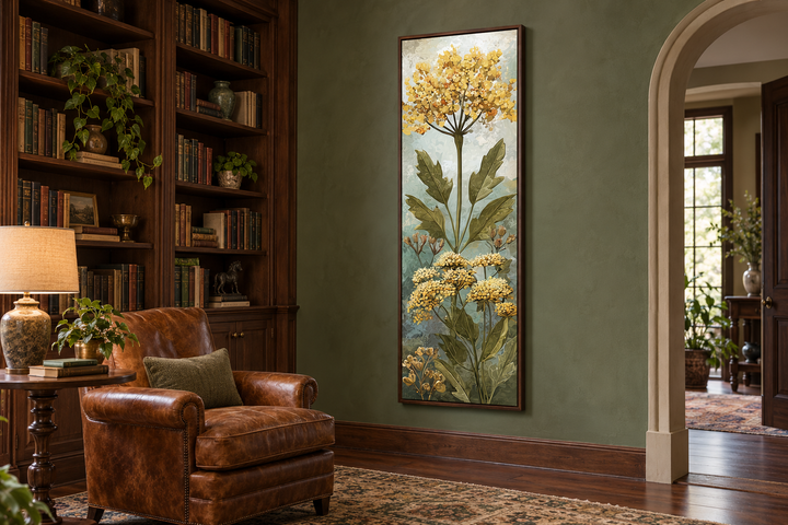 Tall vertical canvas wall art of yellow wildflowers in a walnut frame on a green wall.