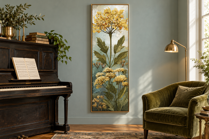 Tall narrow vertical canvas wall art featuring yellow wildflowers in a gold frame on a blue wall.