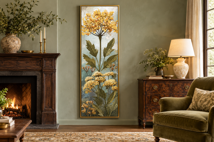 Tall narrow vertical canvas wall art featuring yellow wildflowers in a gold frame on a green wall.