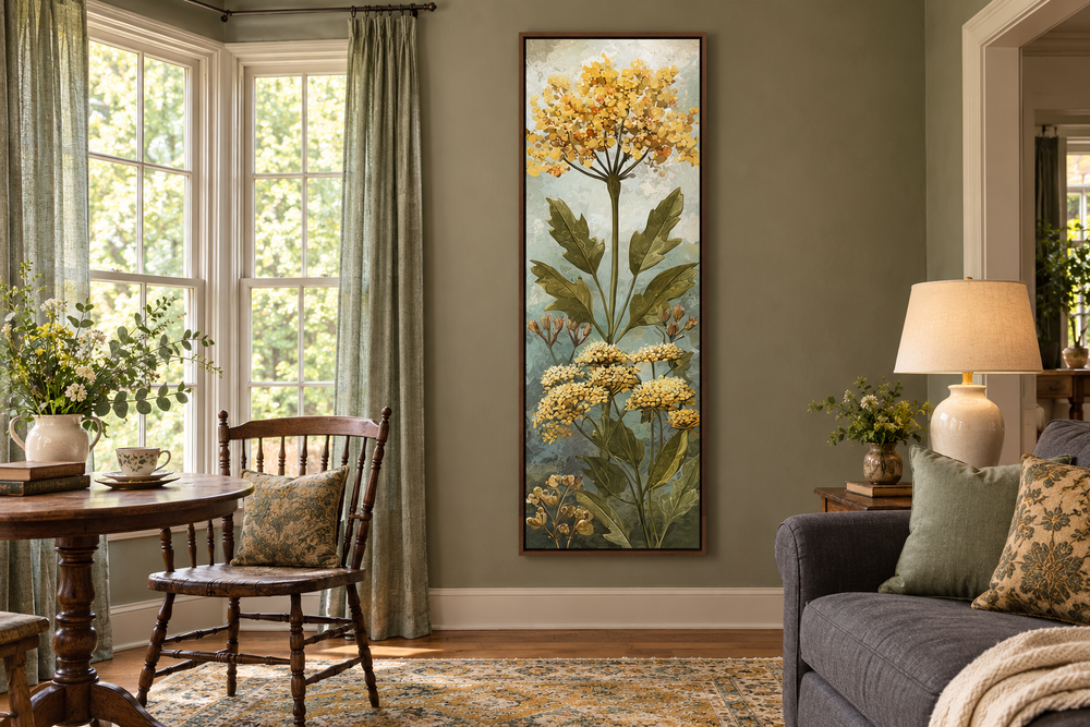 Tall narrow vertical canvas wall art featuring yellow wildflowers in a vintage-style sitting room.