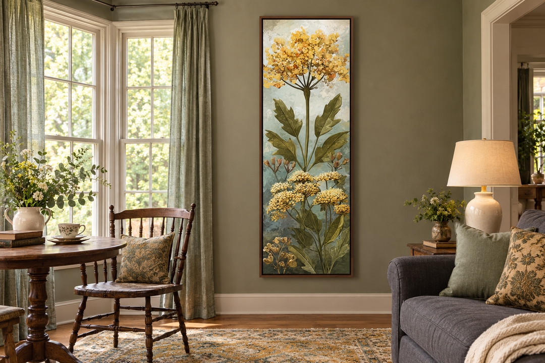 Tall narrow vertical canvas wall art featuring yellow wildflowers in a vintage-style sitting room.