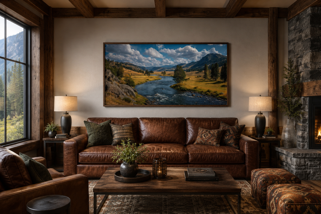 Framed panoramic canvas of Yellowstone National Park landscape above a brown leather sofa in a cabin.