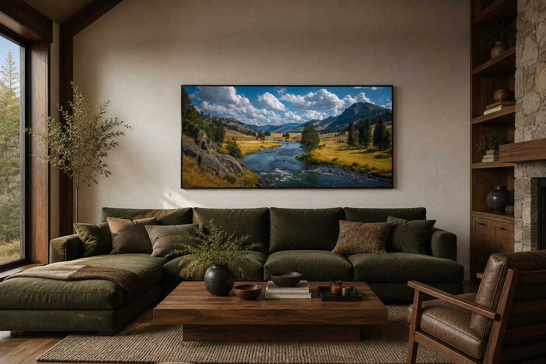 Framed panoramic canvas of Yellowstone National Park landscape above a green sofa in a rustic room.