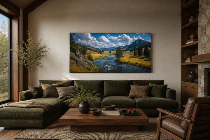 Framed panoramic canvas of Yellowstone National Park landscape above a green sofa in a rustic room.
