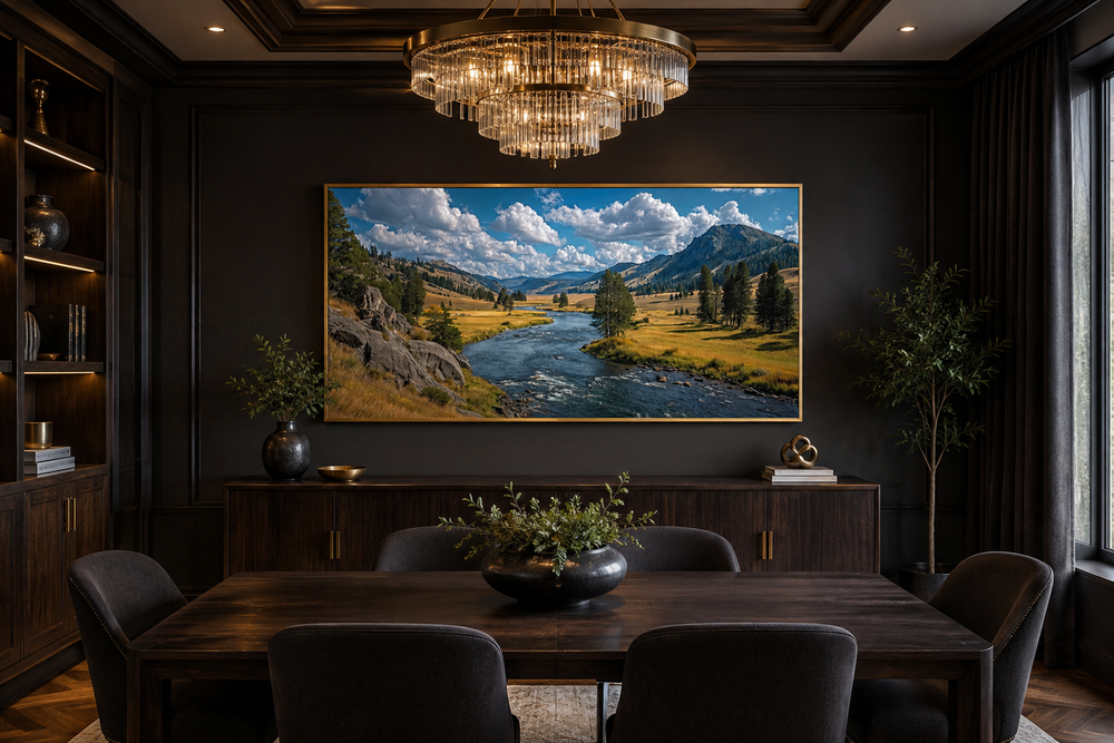Framed horizontal canvas of a Yellowstone river valley landscape in a dark, modern dining room.