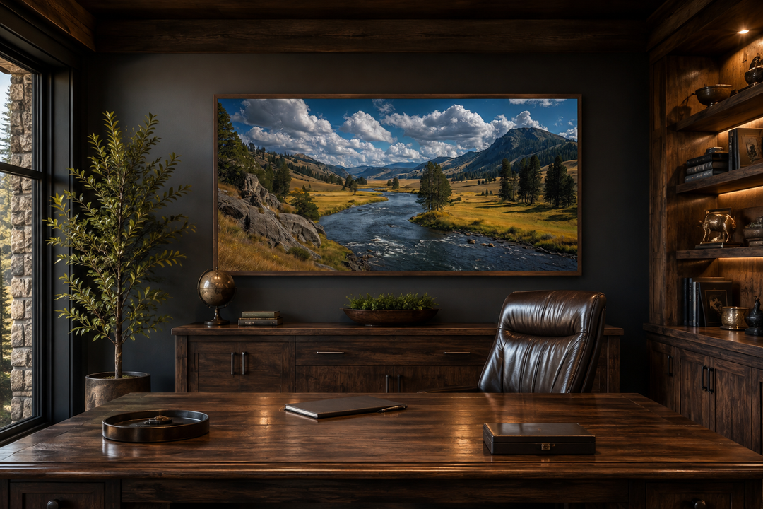 Panoramic framed canvas of Yellowstone National Park landscape in a rustic wood-paneled office.