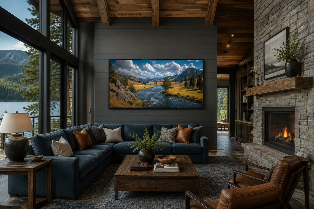Framed panoramic canvas of Yellowstone National Park landscape above a blue sofa in a rustic cabin.