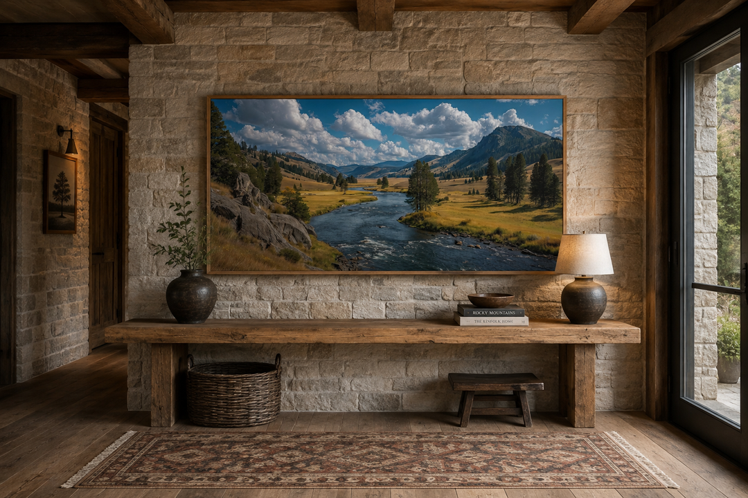 Framed panoramic canvas of Yellowstone National Park landscape on a rustic stone wall.