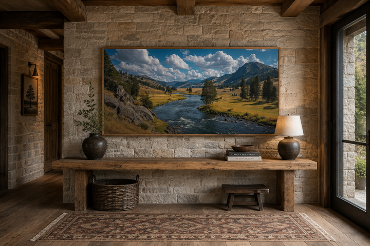 Framed panoramic canvas of Yellowstone National Park landscape on a rustic stone wall.