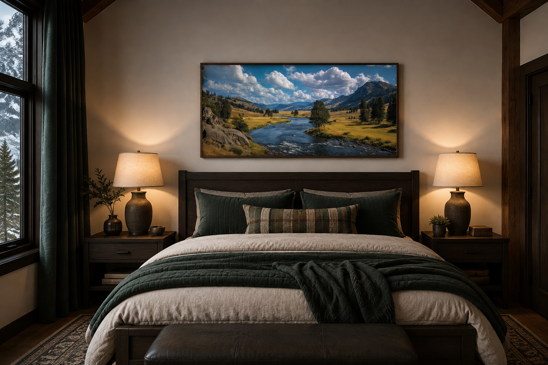 Framed panoramic canvas of Yellowstone National Park landscape hanging above a bed in a rustic room.