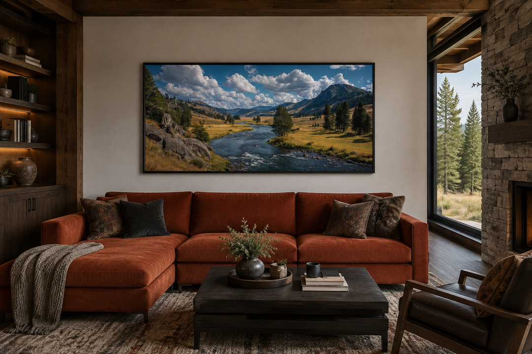 Framed panoramic canvas art of Yellowstone National Park landscape above a rustic living room sofa.