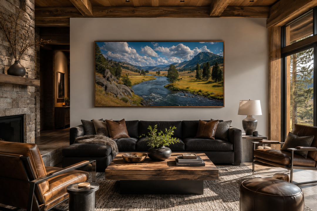 Panoramic framed canvas of Yellowstone National Park landscape above a sofa in a rustic living room.