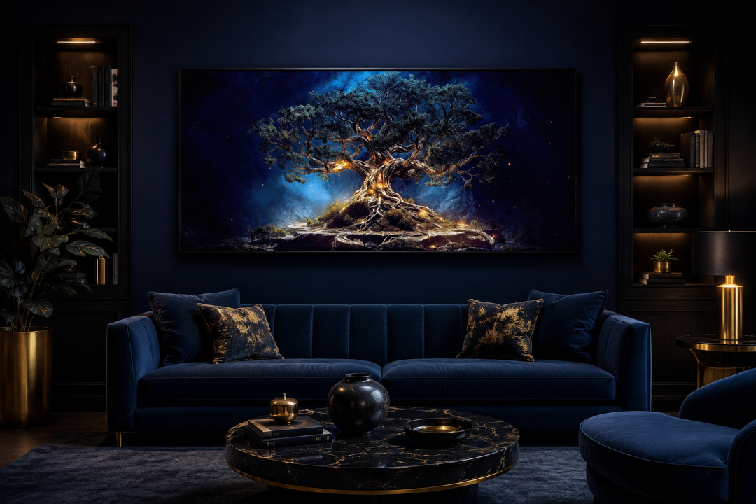Navy blue and gold Yggdrasil tree of life canvas wall art framed above a velvet sofa.