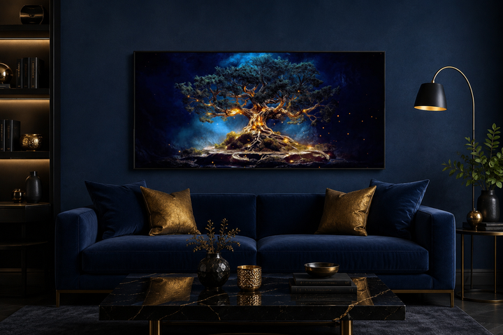 Framed navy blue and gold Yggdrasil tree of life canvas wall art above a sofa in a living room.