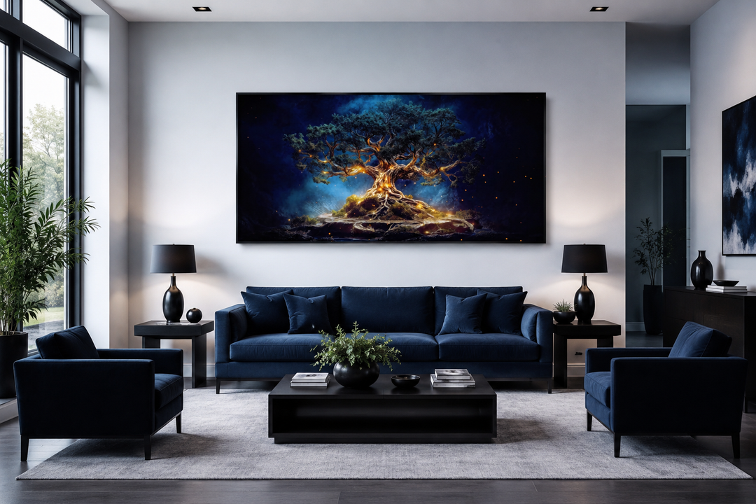 Navy blue and gold Yggdrasil tree of life canvas wall art framed above a sofa in a living room.