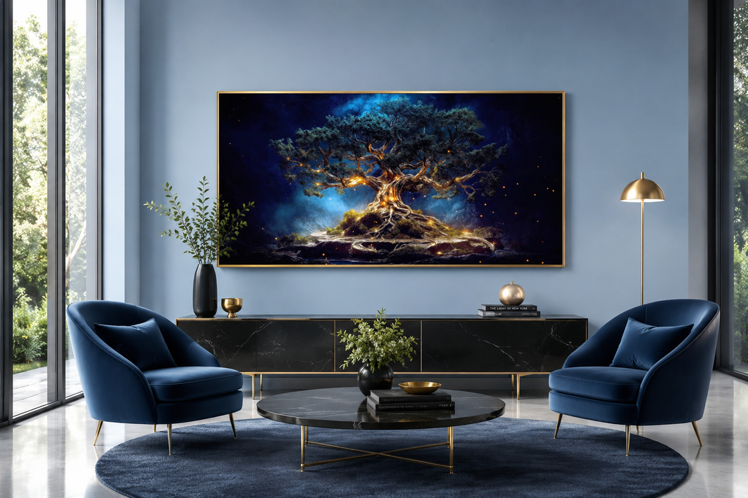 Yggdrasil canvas wall art with navy blue and gold tree of life print in a gold frame.
