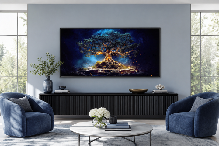 Navy blue and gold Yggdrasil tree of life canvas wall art in a black frame above a black sideboard.
