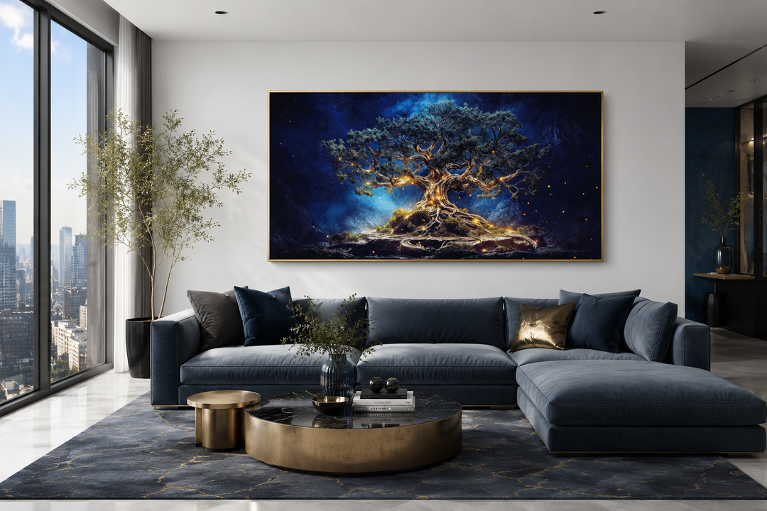 Navy blue and gold Yggdrasil tree of life canvas wall art in a gold frame above a blue sofa.