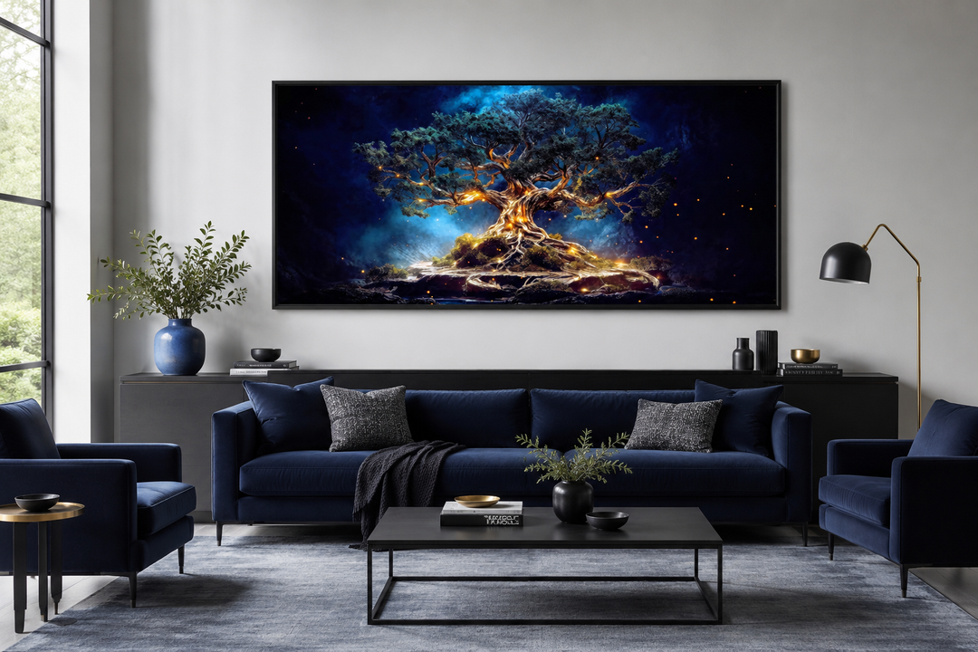 Navy blue and gold Yggdrasil tree of life canvas wall art framed above a modern blue sofa.