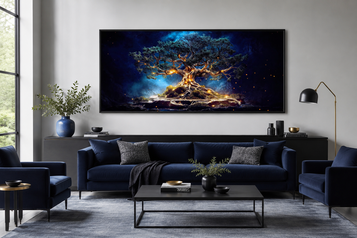 Navy blue and gold Yggdrasil tree of life canvas wall art framed above a modern blue sofa.