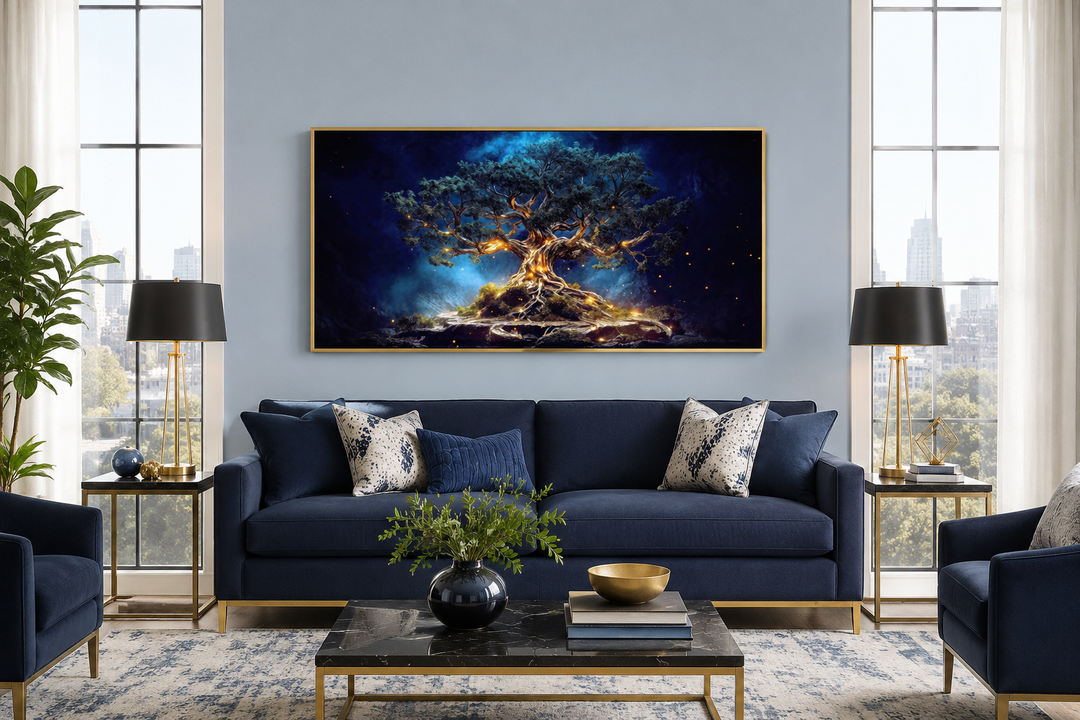 Navy blue and gold framed Yggdrasil tree of life canvas wall art above a sofa in a living room.