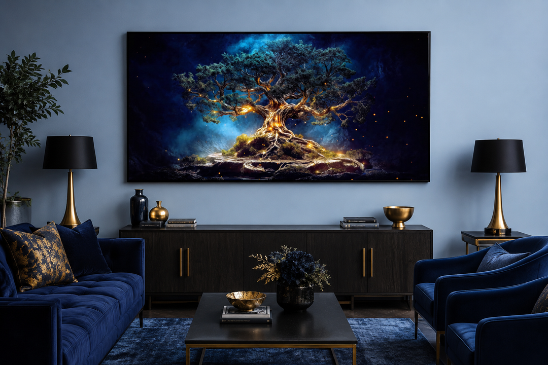 Navy blue and gold Yggdrasil tree of life canvas wall art framed above a dark wood sideboard.
