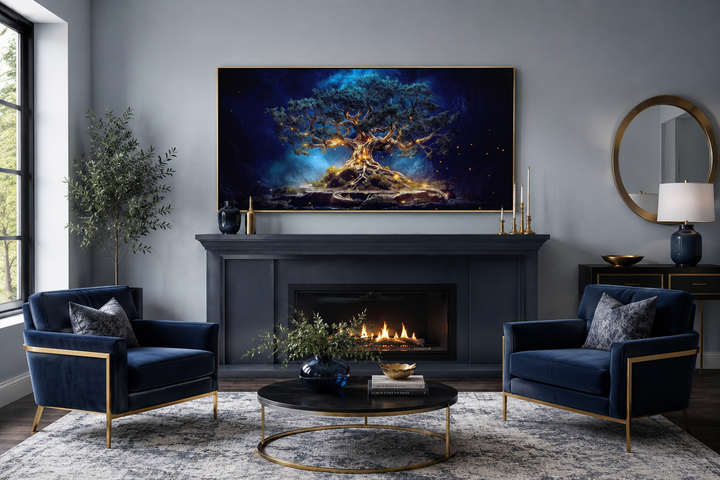Navy blue and gold framed Yggdrasil tree of life canvas wall art hanging above a fireplace.