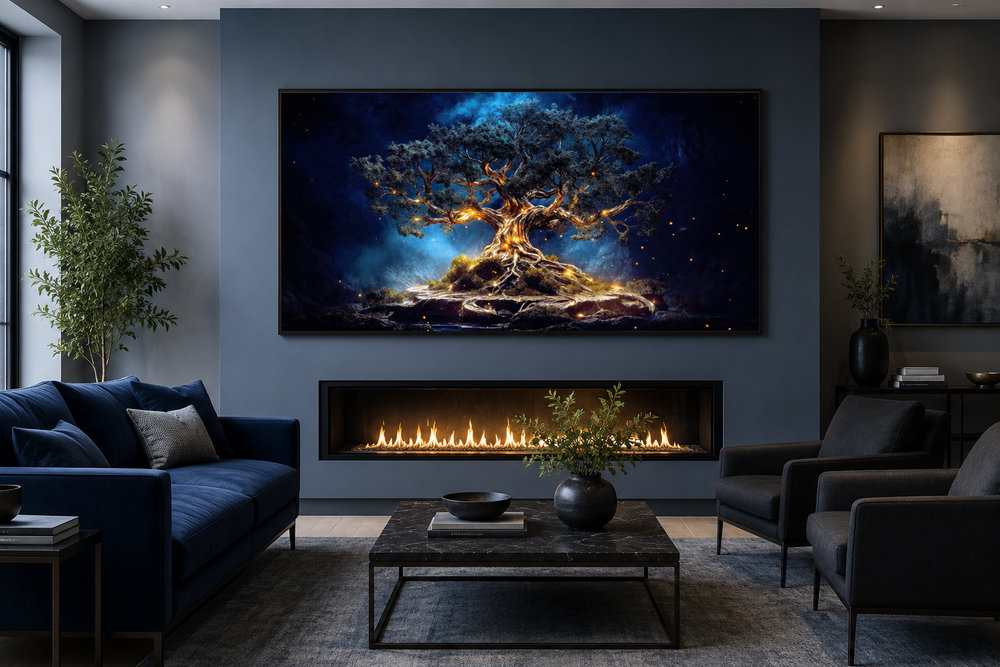 Navy blue and gold Yggdrasil tree of life canvas wall art framed above a modern fireplace.