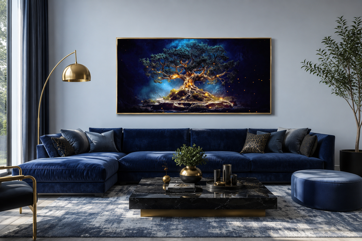 Framed navy blue and gold Yggdrasil tree of life canvas wall art above a blue velvet sofa.