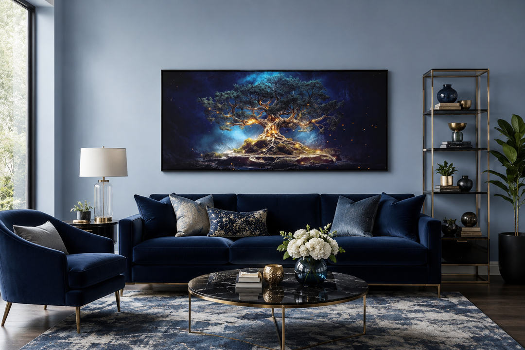 Yggdrasil canvas wall art featuring a glowing gold tree of life on a navy blue background.