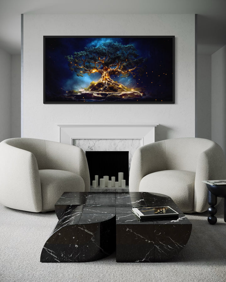 Navy blue and gold Yggdrasil tree of life canvas wall art framed above a white marble fireplace.