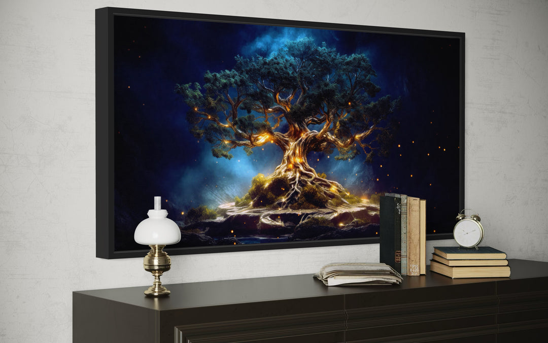 Yggdrasil canvas wall art featuring a glowing gold tree of life on a navy blue cosmic background.
