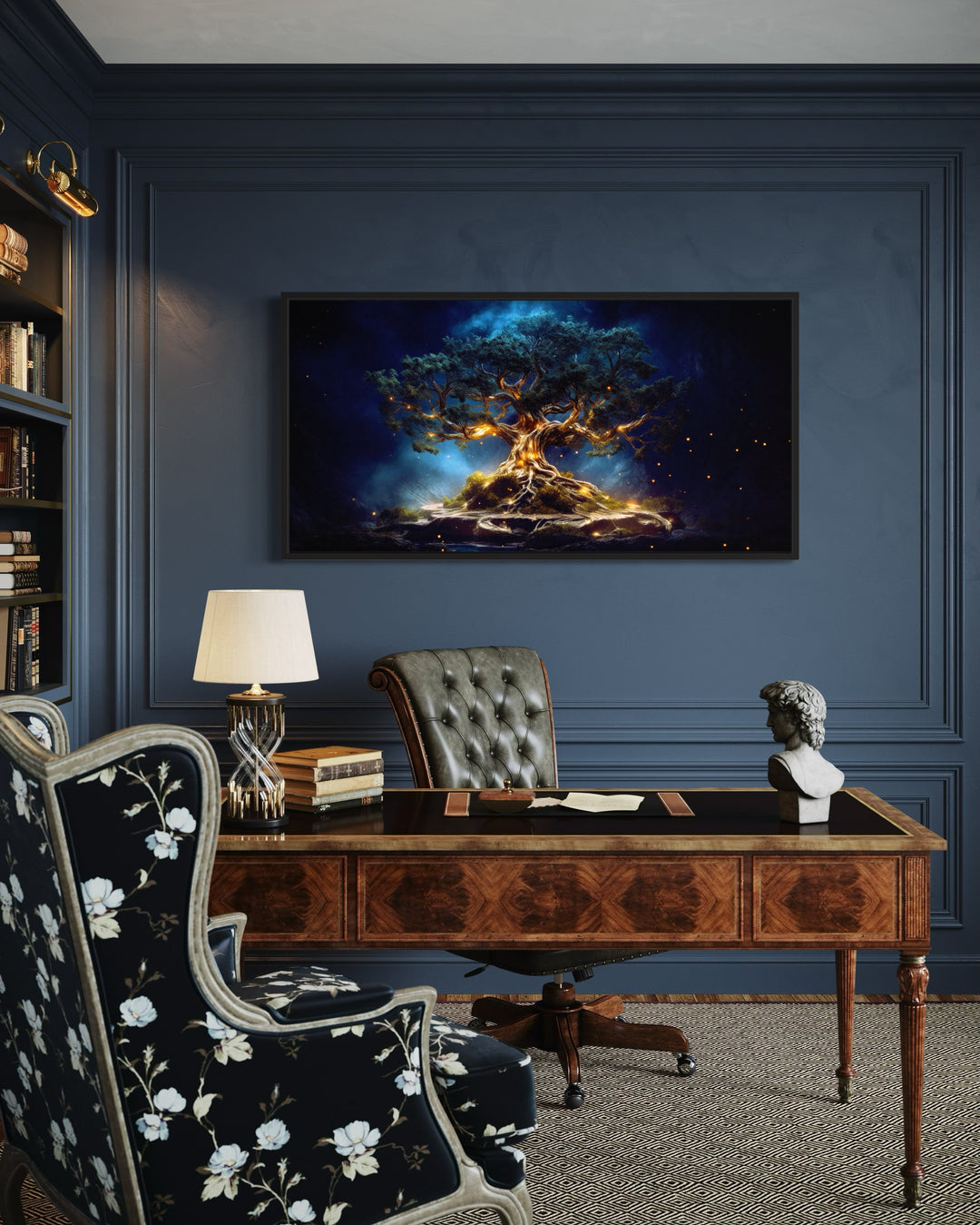 Yggdrasil canvas wall art featuring a glowing gold tree of life on a navy blue background.