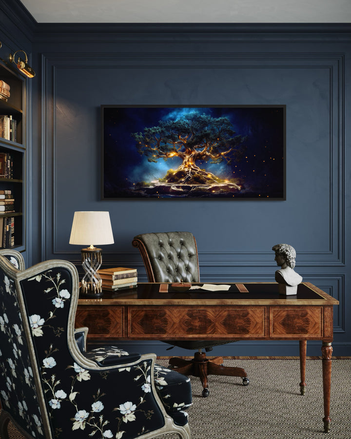 Yggdrasil canvas wall art featuring a glowing gold tree of life on a navy blue background.