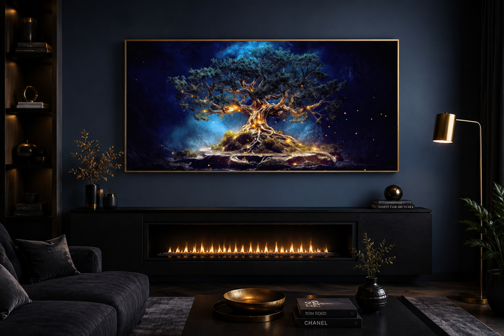 Navy blue and gold Yggdrasil tree of life canvas wall art in a gold frame above a modern fireplace.